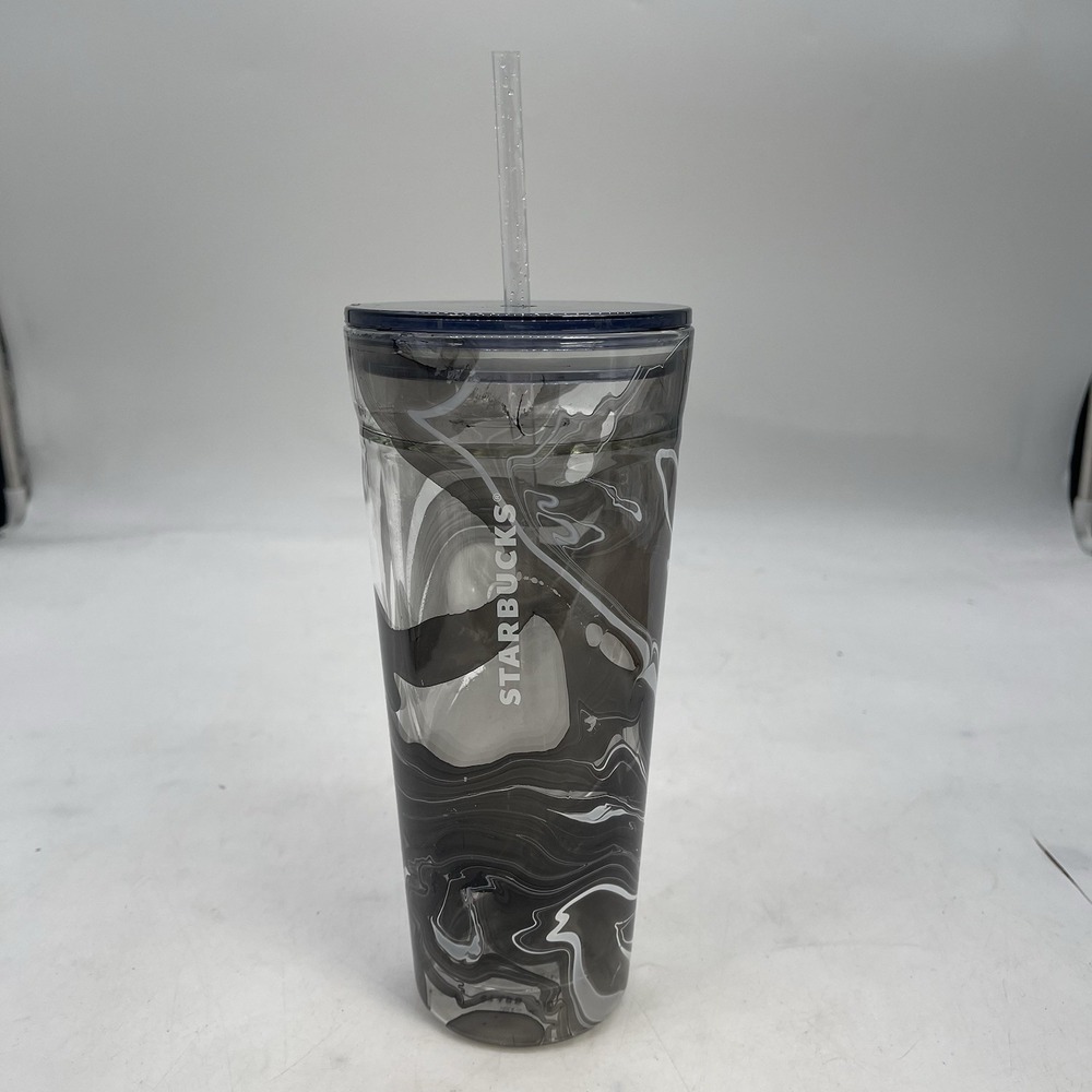2017 Starbucks Marble Swirl Double Walled Glass Tumbler 20oz W/ Straw Venti Cup